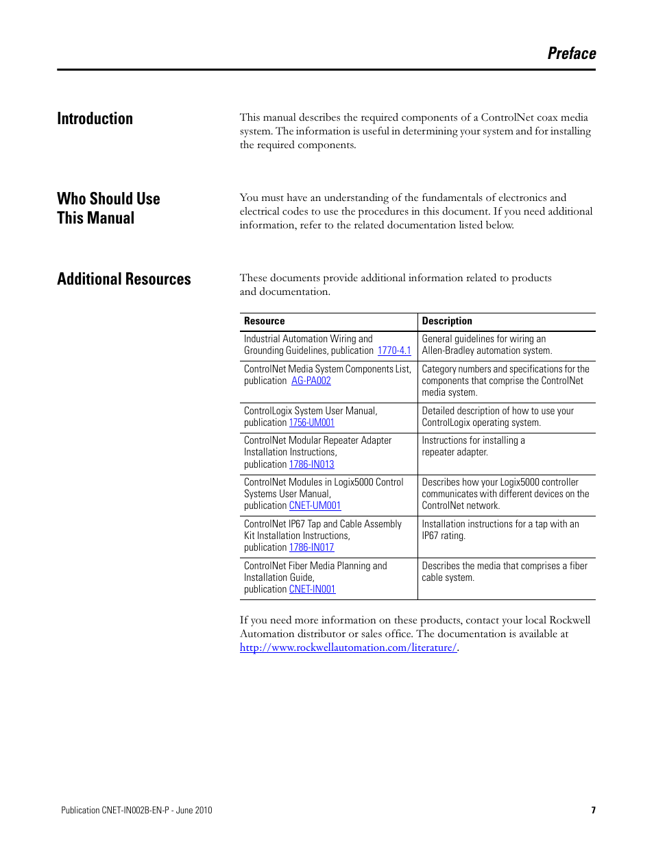 Preface, Introduction, Who should use this manual | Additional resources, Preface introduction | Rockwell Automation 1786-series ControlNet Coax Media Planning and Installation Guide User Manual | Page 7 / 80