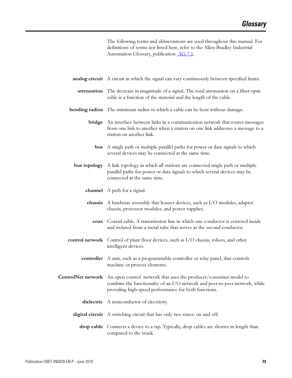 Glossary, Bending radius, Is nee | Rockwell Automation 1786-series ControlNet Coax Media Planning and Installation Guide User Manual | Page 73 / 80