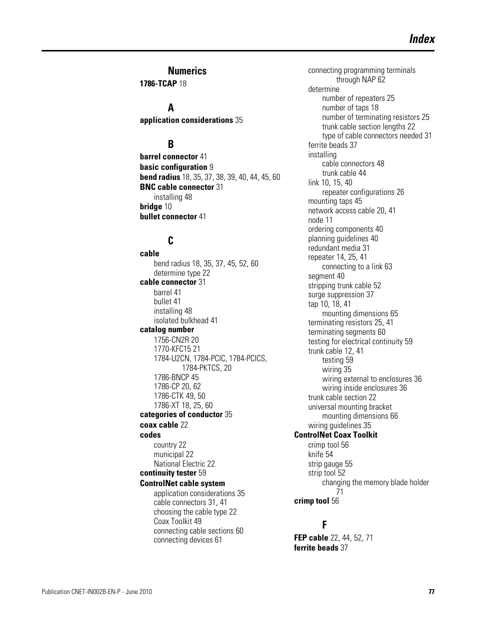 Index, Numerics | Rockwell Automation 1786-series ControlNet Coax Media Planning and Installation Guide User Manual | Page 77 / 80