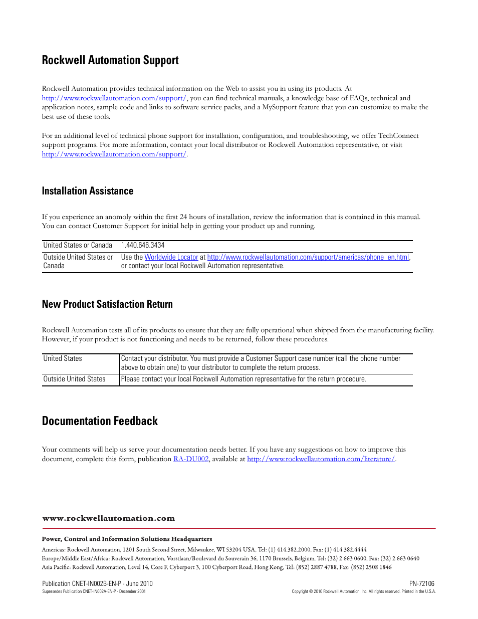 Back cover, Rockwell automation support, Documentation feedback | Installation assistance, New product satisfaction return | Rockwell Automation 1786-series ControlNet Coax Media Planning and Installation Guide User Manual | Page 80 / 80