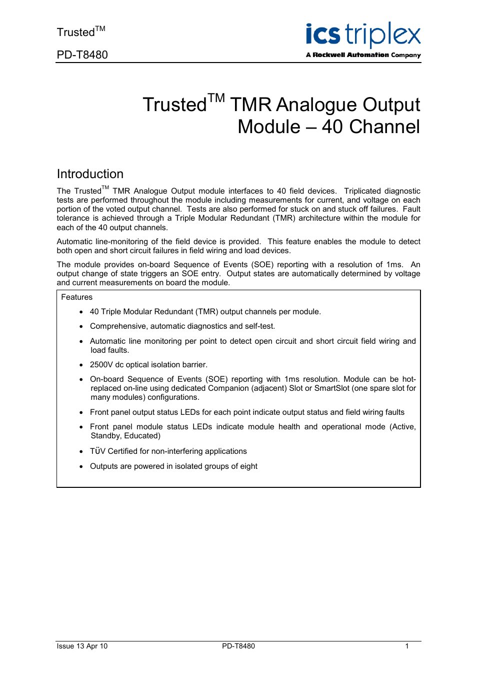 Rockwell Automation T8480 Trusted TMR Analogue Output Module - 40 Channel User Manual | 34 pages