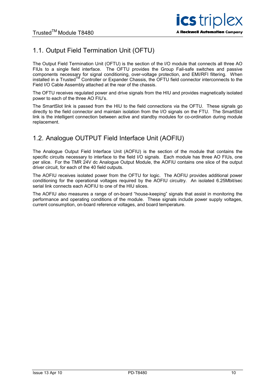 Output field termination unit (oftu), Analogue output field interface unit (aofiu) | Rockwell Automation T8480 Trusted TMR Analogue Output Module - 40 Channel User Manual | Page 10 / 34