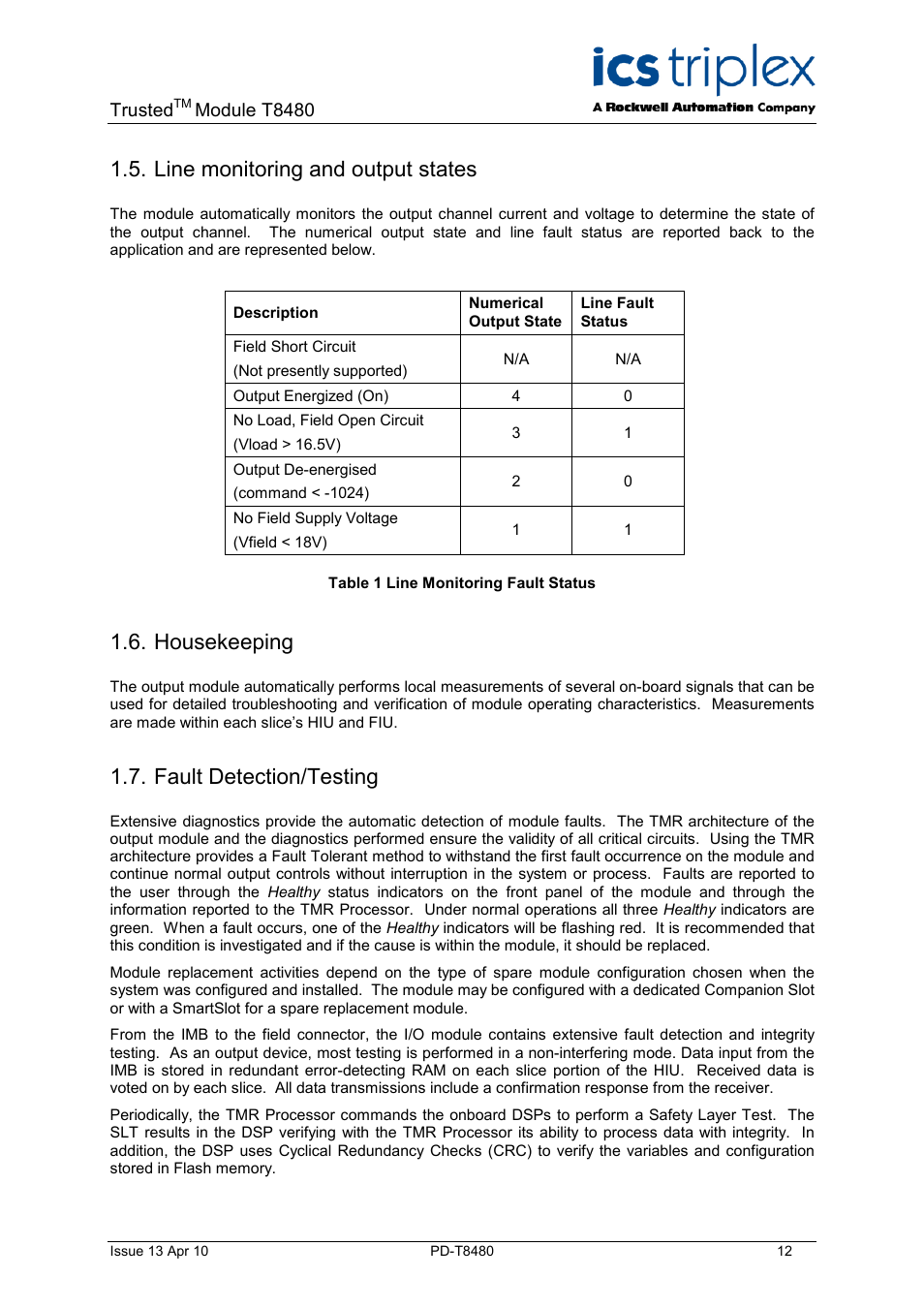 Line monitoring and output states, Housekeeping, Fault detection/testing | Table 1 line monitoring fault status | Rockwell Automation T8480 Trusted TMR Analogue Output Module - 40 Channel User Manual | Page 12 / 34