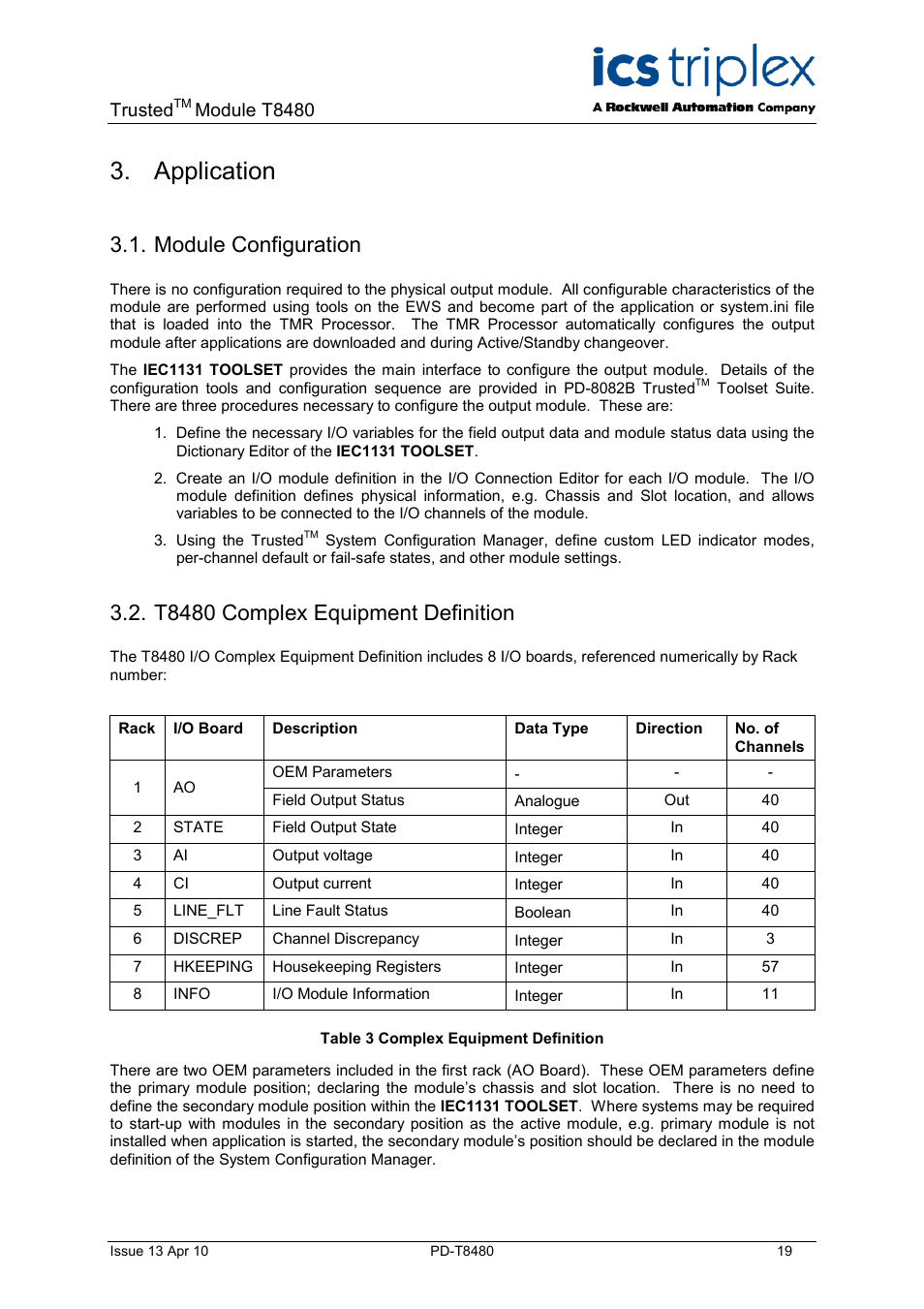 Application, Module configuration, T8480 complex equipment definition | Table 3 complex equipment definition, Trusted, Module t8480 | Rockwell Automation T8480 Trusted TMR Analogue Output Module - 40 Channel User Manual | Page 19 / 34