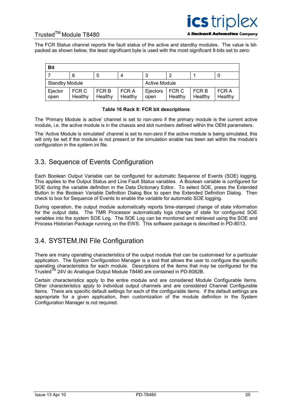 Sequence of events configuration, System.ini file configuration, Table 16 rack 8: fcr bit descriptions | Trusted, Module t8480 | Rockwell Automation T8480 Trusted TMR Analogue Output Module - 40 Channel User Manual | Page 25 / 34
