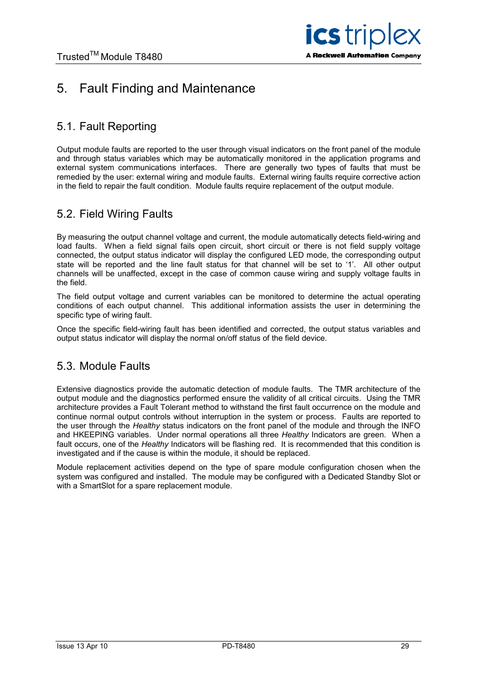 Fault finding and maintenance, Fault reporting, Field wiring faults | Module faults | Rockwell Automation T8480 Trusted TMR Analogue Output Module - 40 Channel User Manual | Page 29 / 34