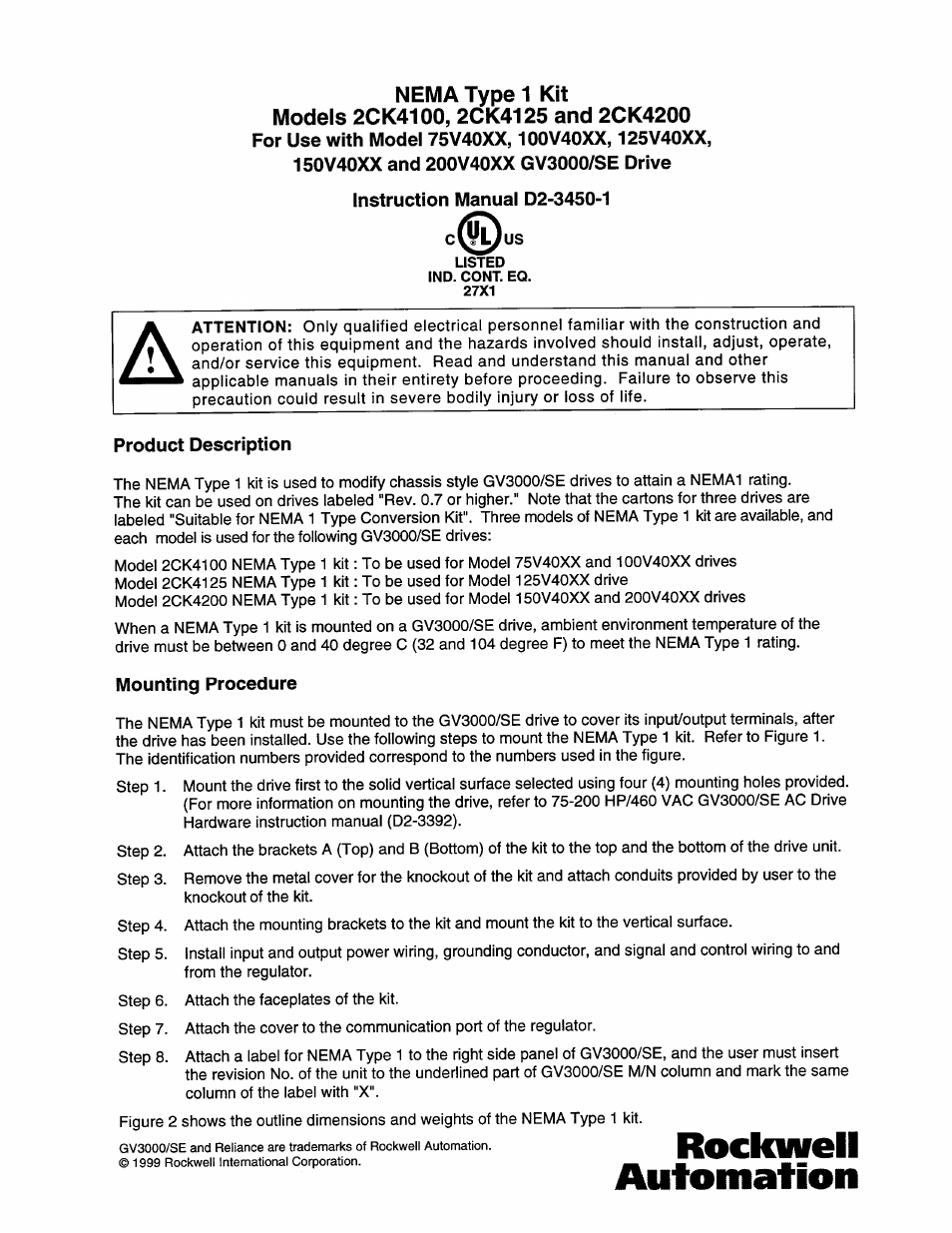 Rockwell Automation GV3000 NEMA Type 1 Kit, 75V40xx, 100V40xx, 125V40xx, 150V40xx User Manual | 4 pages