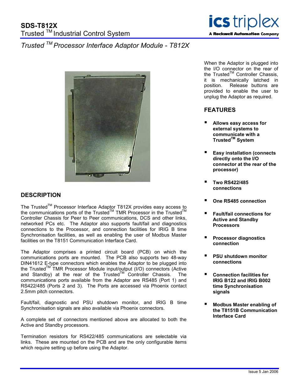 Rockwell Automation T812X Trusted Processor Interface Adaptor Module User Manual | 2 pages