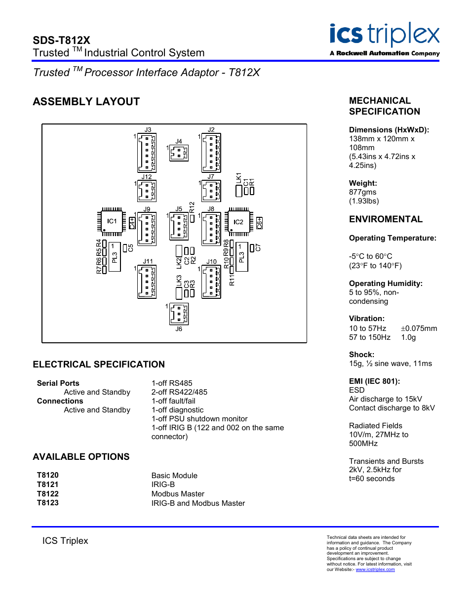 Assembly layout, Electrical specification, Available options | Sds-t812x trusted, Industrial control system trusted, Processor interface adaptor - t812x | Rockwell Automation T812X Trusted Processor Interface Adaptor Module User Manual | Page 2 / 2
