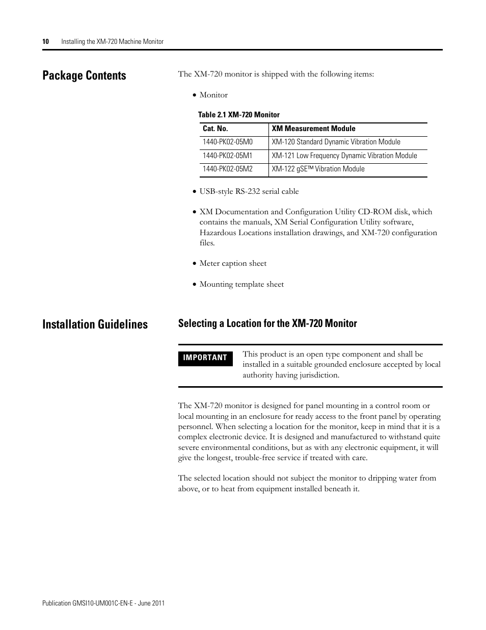 Package contents, Installation guidelines, Selecting a location for the xm-720 monitor | Package contents installation guidelines | Rockwell Automation 1440-PK02-05M2 XM-720 Machine Monitor User Manual | Page 10 / 68