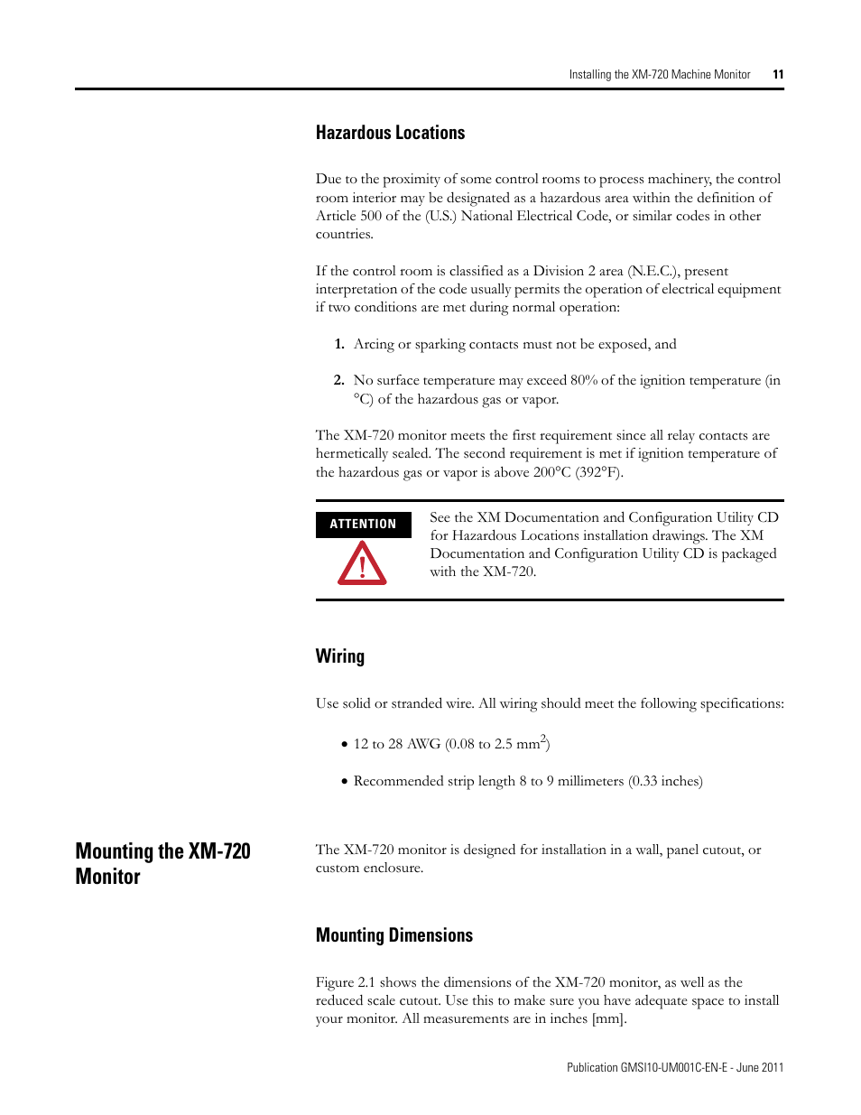 Hazardous locations, Wiring, Mounting the xm-720 monitor | Mounting dimensions, Hazardous locations wiring | Rockwell Automation 1440-PK02-05M2 XM-720 Machine Monitor User Manual | Page 11 / 68