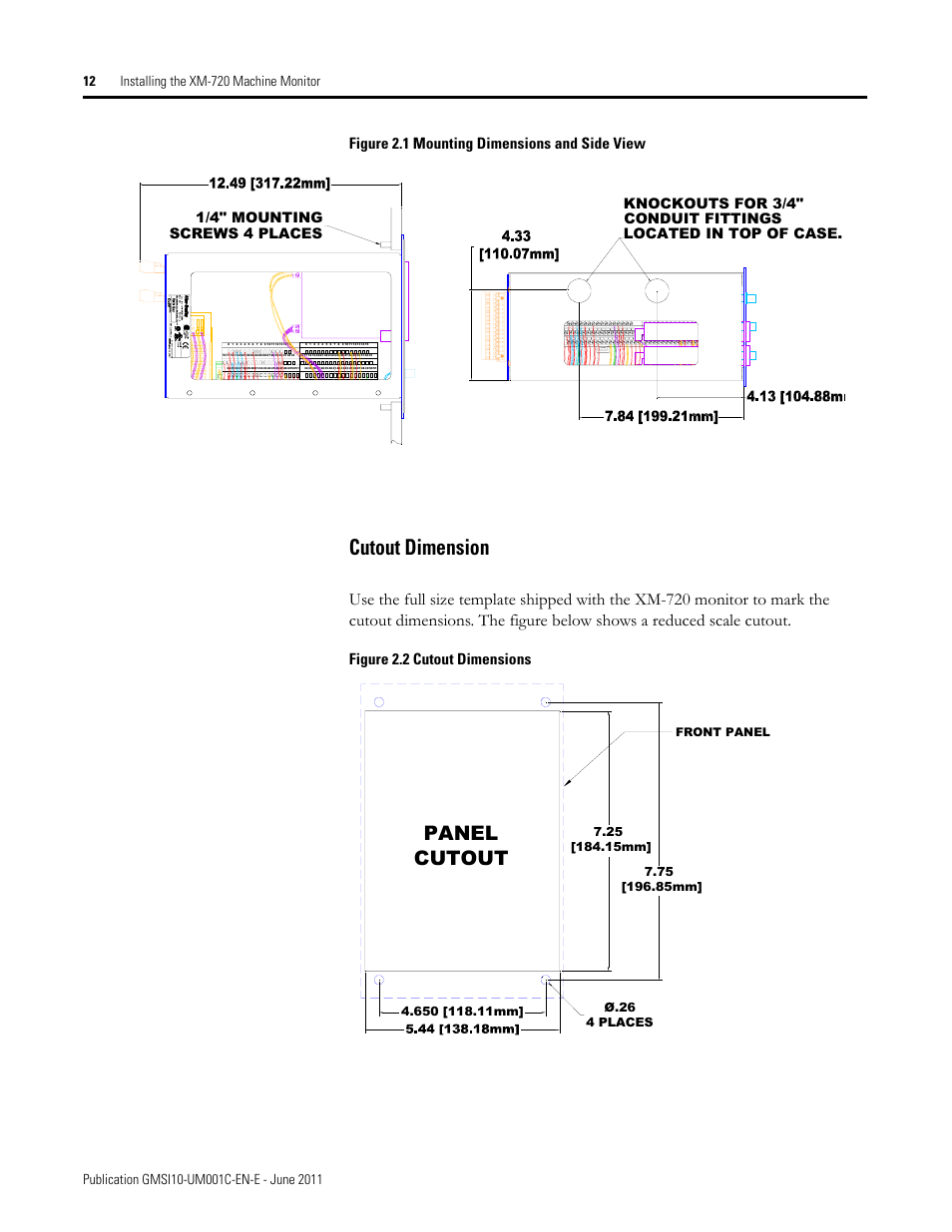 Cutout dimension, Panel cutout, Figure 2.1 mounting dimensions and side view | Figure 2.2 cutout dimensions | Rockwell Automation 1440-PK02-05M2 XM-720 Machine Monitor User Manual | Page 12 / 68