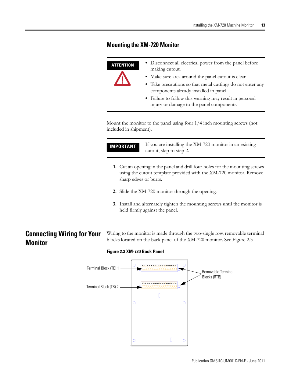 Mounting the xm-720 monitor, Connecting wiring for your monitor, Important | Attention | Rockwell Automation 1440-PK02-05M2 XM-720 Machine Monitor User Manual | Page 13 / 68