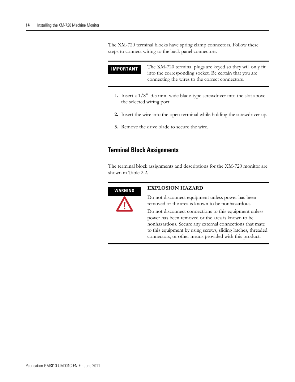 Terminal block assignments | Rockwell Automation 1440-PK02-05M2 XM-720 Machine Monitor User Manual | Page 14 / 68