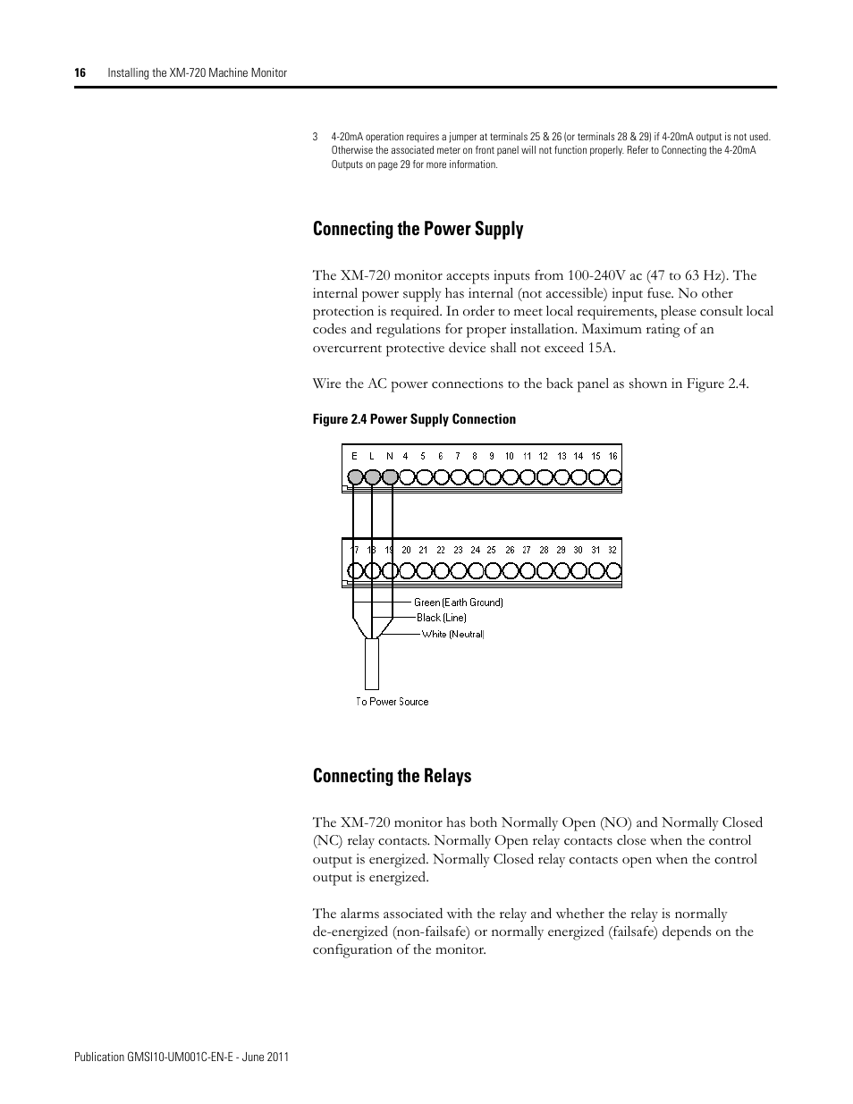 Connecting the power supply, Connecting the relays, Connecting the power supply connecting the relays | Rockwell Automation 1440-PK02-05M2 XM-720 Machine Monitor User Manual | Page 16 / 68