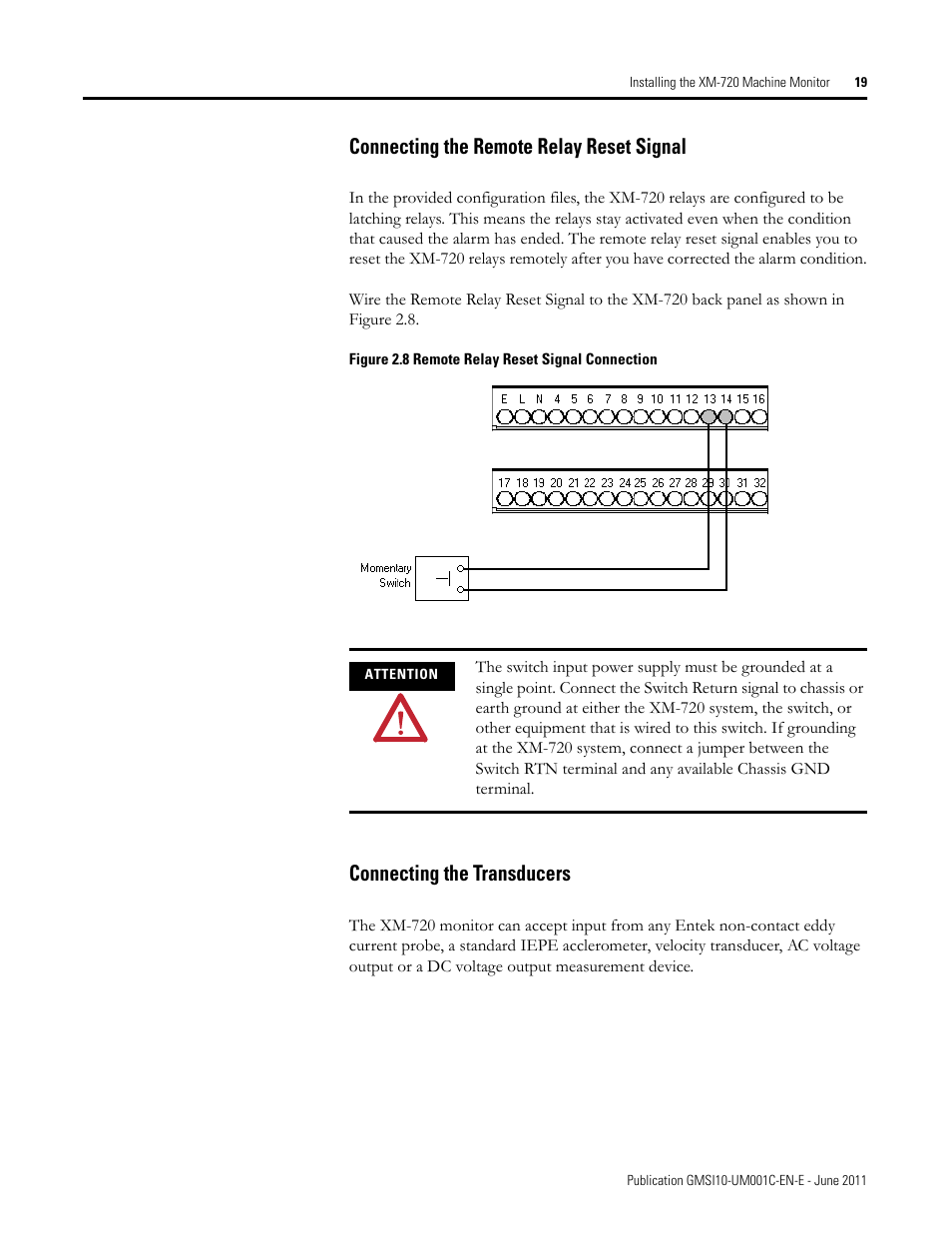 Connecting the remote relay reset signal, Connecting the transducers | Rockwell Automation 1440-PK02-05M2 XM-720 Machine Monitor User Manual | Page 19 / 68