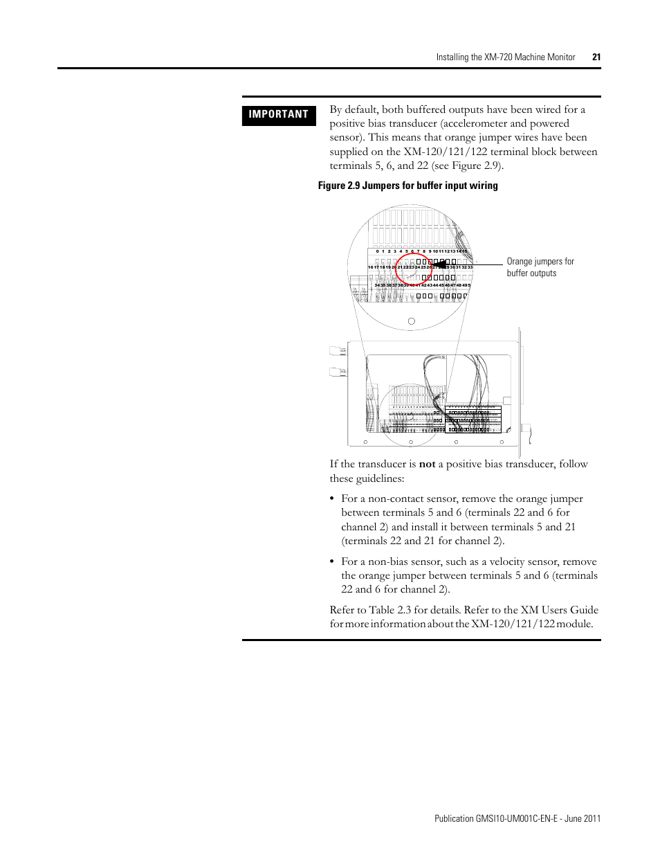 Important, Figure 2.9 jumpers for buffer input wiring, Orange jumpers for buffer outputs | Rockwell Automation 1440-PK02-05M2 XM-720 Machine Monitor User Manual | Page 21 / 68