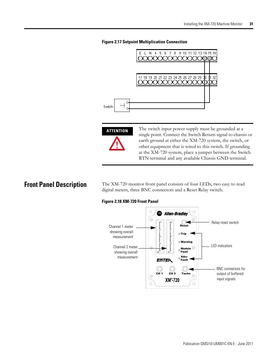 Front panel description, Figure 2.17 setpoint multiplication connection, Attention | Rockwell Automation 1440-PK02-05M2 XM-720 Machine Monitor User Manual | Page 31 / 68