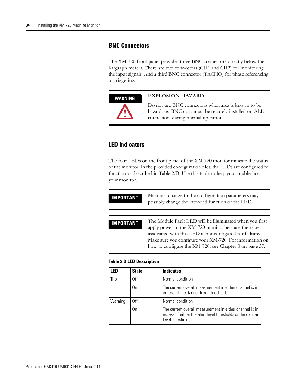 Bnc connectors, Led indicators, Bnc connectors led indicators | Rockwell Automation 1440-PK02-05M2 XM-720 Machine Monitor User Manual | Page 34 / 68