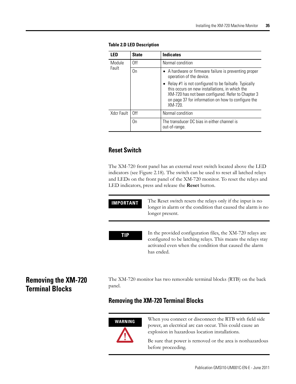 Reset switch, Removing the xm-720 terminal blocks | Rockwell Automation 1440-PK02-05M2 XM-720 Machine Monitor User Manual | Page 35 / 68