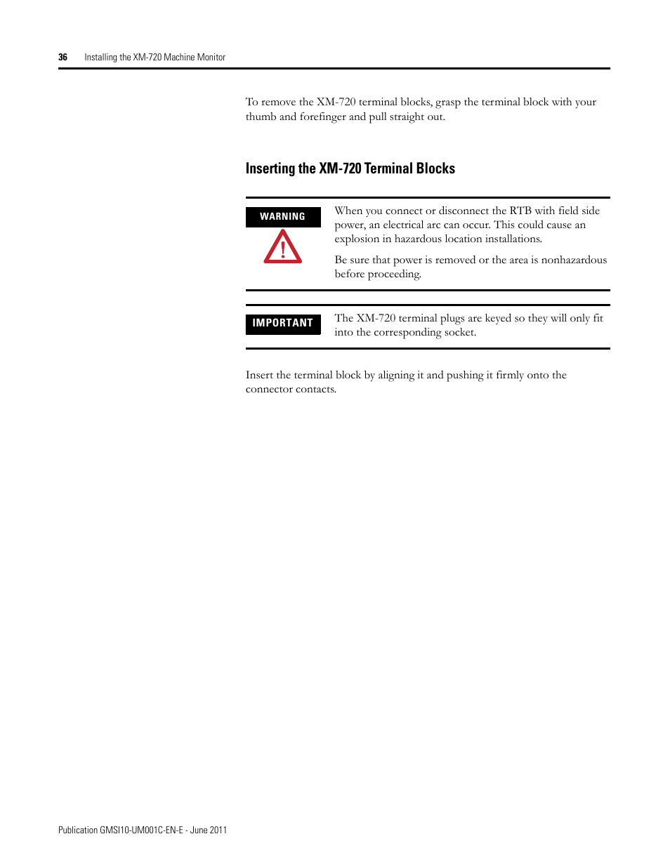 Inserting the xm-720 terminal blocks | Rockwell Automation 1440-PK02-05M2 XM-720 Machine Monitor User Manual | Page 36 / 68