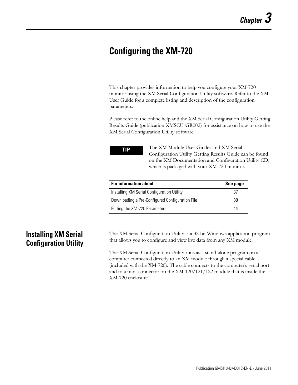 3 - configuring the xm-720, Installing xm serial configuration utility, Chapter 3 | Configuring the xm-720, Chapter | Rockwell Automation 1440-PK02-05M2 XM-720 Machine Monitor User Manual | Page 37 / 68