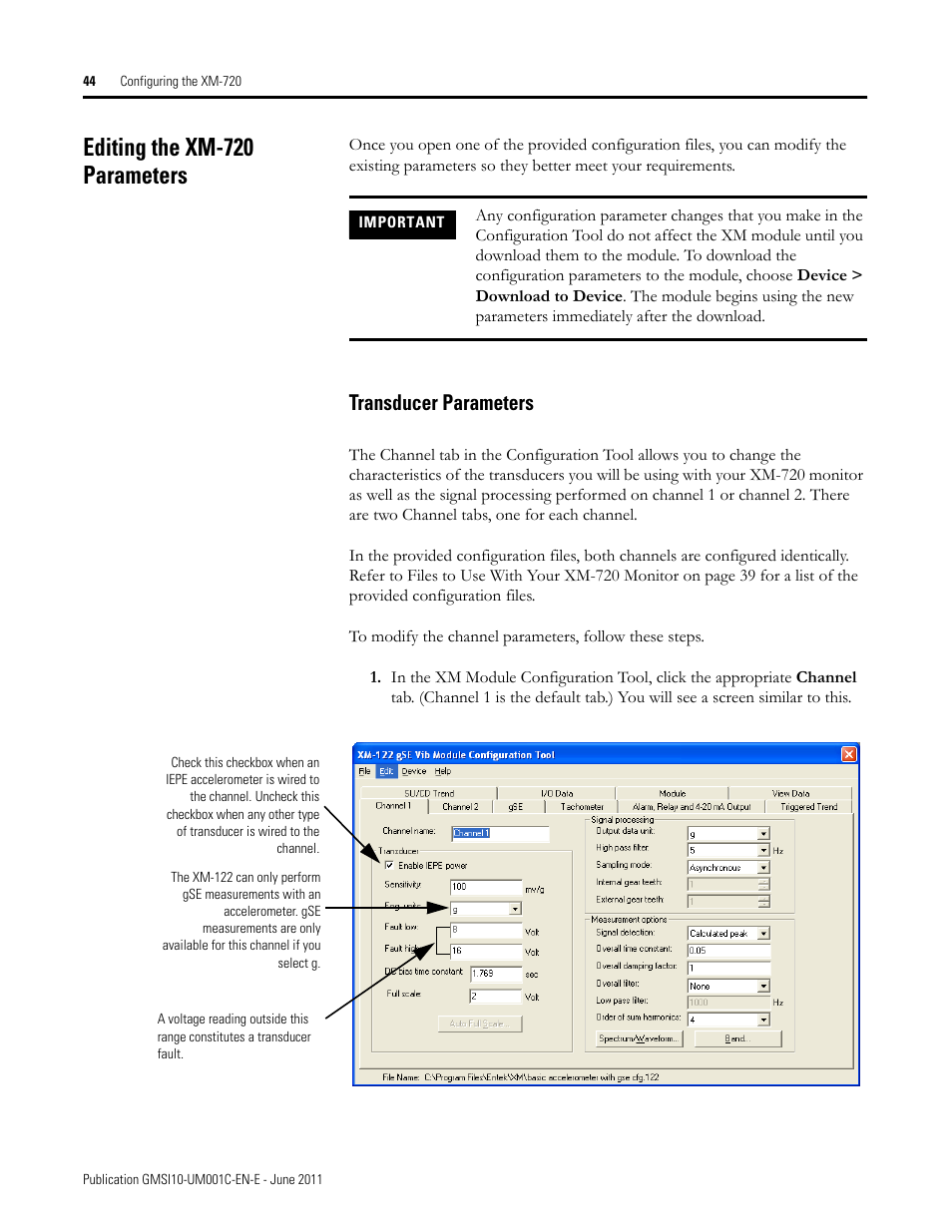 Editing the xm-720 parameters, Transducer parameters | Rockwell Automation 1440-PK02-05M2 XM-720 Machine Monitor User Manual | Page 44 / 68