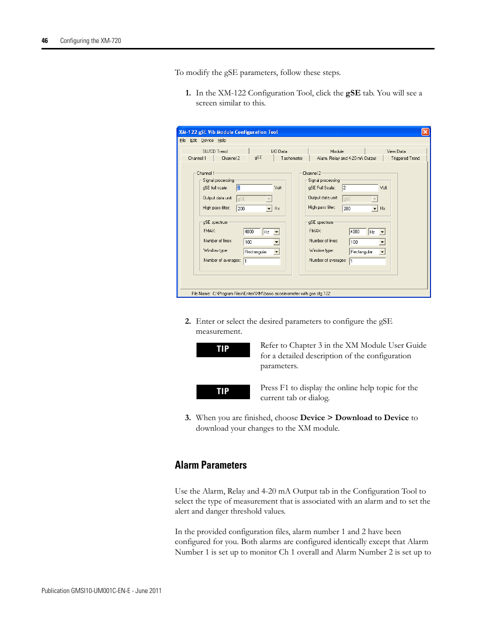 Alarm parameters | Rockwell Automation 1440-PK02-05M2 XM-720 Machine Monitor User Manual | Page 46 / 68
