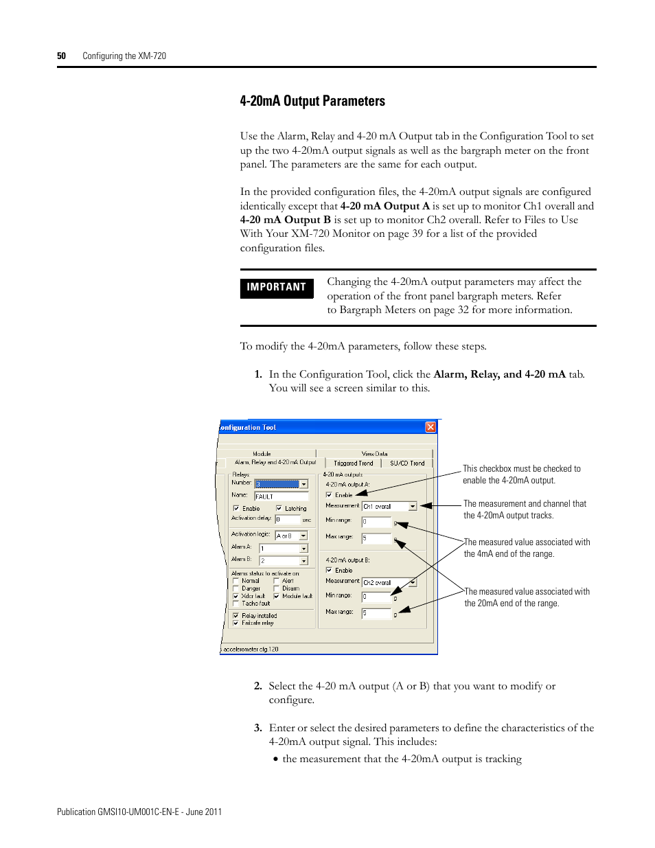 20ma output parameters | Rockwell Automation 1440-PK02-05M2 XM-720 Machine Monitor User Manual | Page 50 / 68