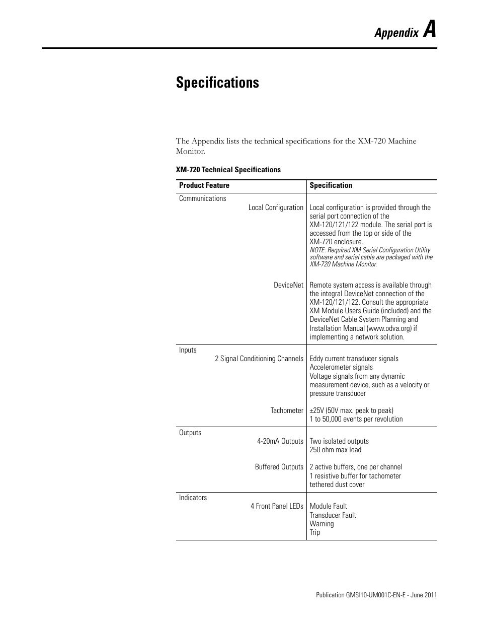 A - specifications, Appendix a, Specifications | Appendix | Rockwell Automation 1440-PK02-05M2 XM-720 Machine Monitor User Manual | Page 53 / 68