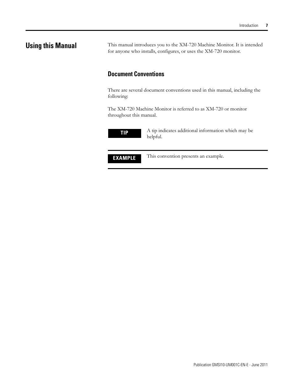 Using this manual, Document conventions | Rockwell Automation 1440-PK02-05M2 XM-720 Machine Monitor User Manual | Page 7 / 68