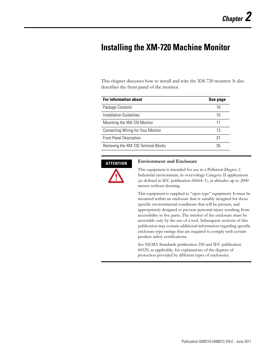 2 - installing the xm-720 machine monitor, Chapter 2, Installing the xm-720 machine monitor | Chapter | Rockwell Automation 1440-PK02-05M2 XM-720 Machine Monitor User Manual | Page 9 / 68