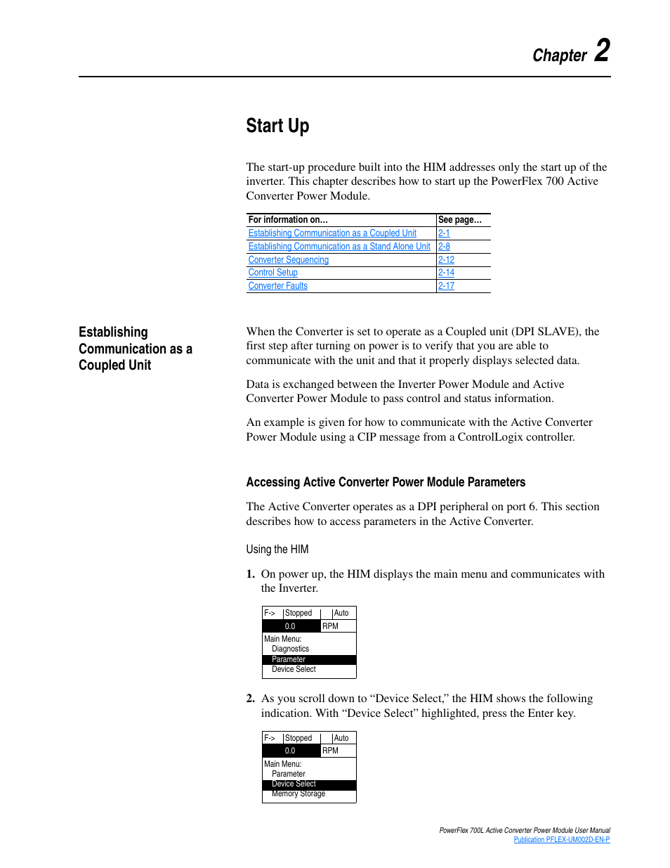 Chapter 2, Start up, Establishing communication as a coupled unit | Accessing active converter power module parameters, Establishing communication as a coupled unit -1 | Rockwell Automation 20L, LPM20 PowerFlex 700 Active Converter Power Module User Manual | Page 19 / 72