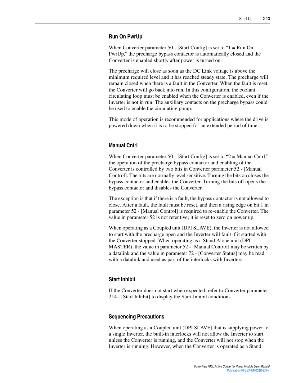 Run on pwrup, Manual cntrl, Start inhibit | Sequencing precautions | Rockwell Automation 20L, LPM20 PowerFlex 700 Active Converter Power Module User Manual | Page 31 / 72