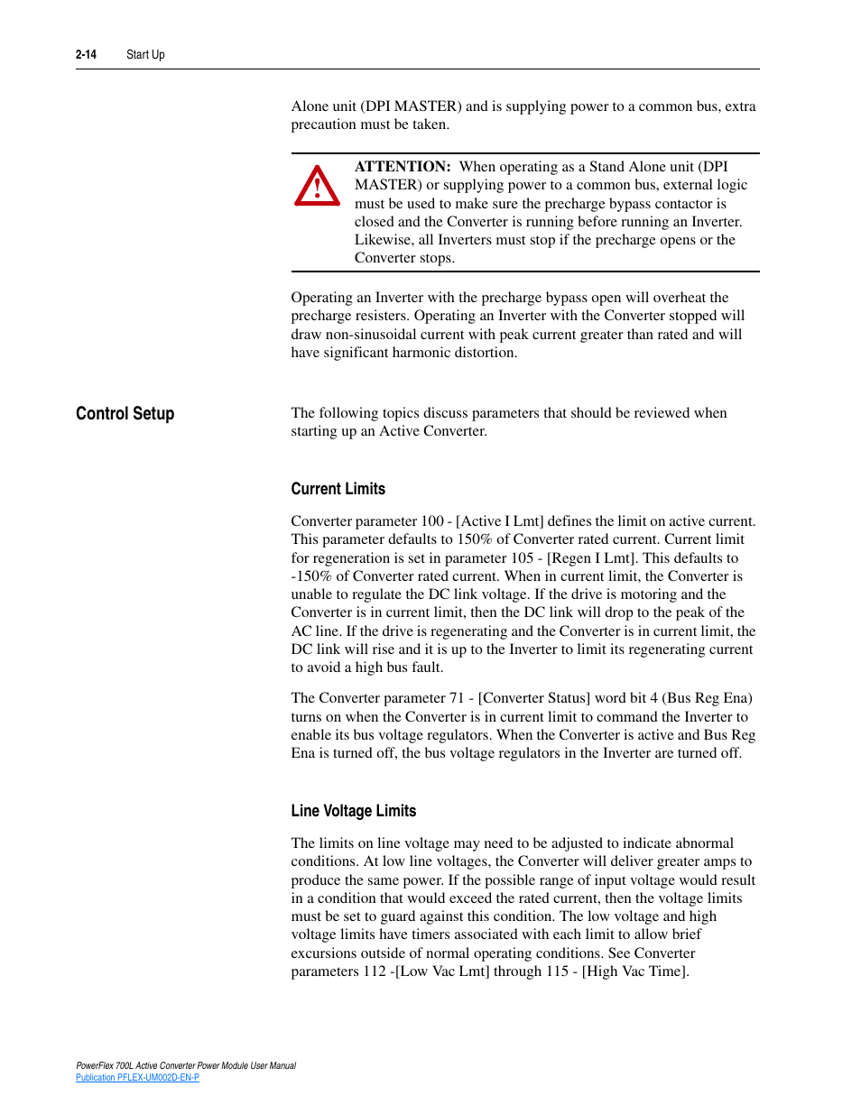 Control setup, Current limits, Line voltage limits | Control setup -14, Current limits -14 line voltage limits -14 | Rockwell Automation 20L, LPM20 PowerFlex 700 Active Converter Power Module User Manual | Page 32 / 72