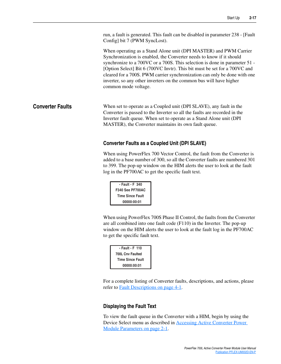 Converter faults, Converter faults as a coupled unit (dpi slave), Displaying the fault text | Converter faults -17 | Rockwell Automation 20L, LPM20 PowerFlex 700 Active Converter Power Module User Manual | Page 35 / 72