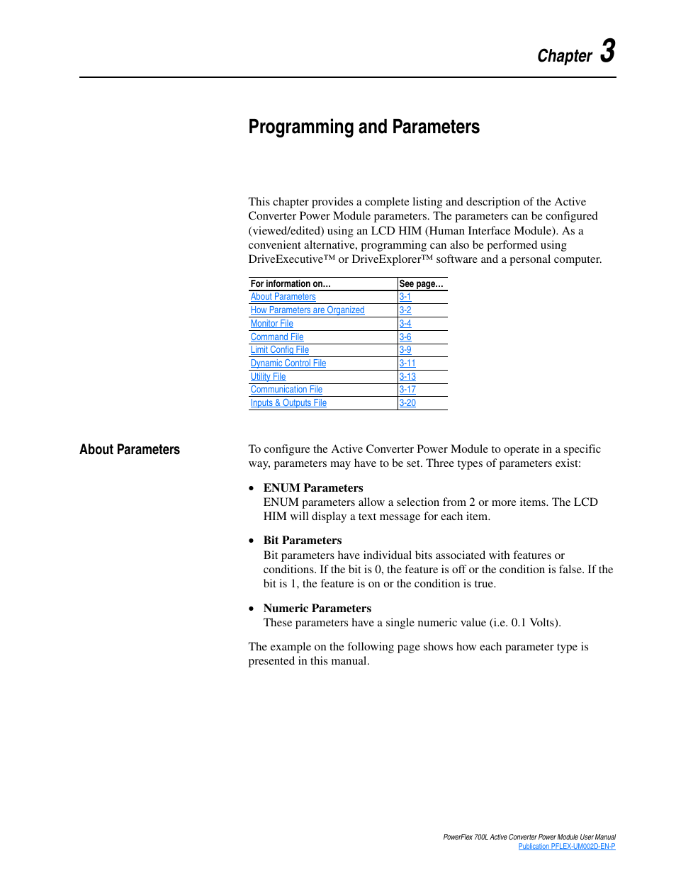 Chapter 3, Programming and parameters, About parameters | About parameters -1 | Rockwell Automation 20L, LPM20 PowerFlex 700 Active Converter Power Module User Manual | Page 37 / 72