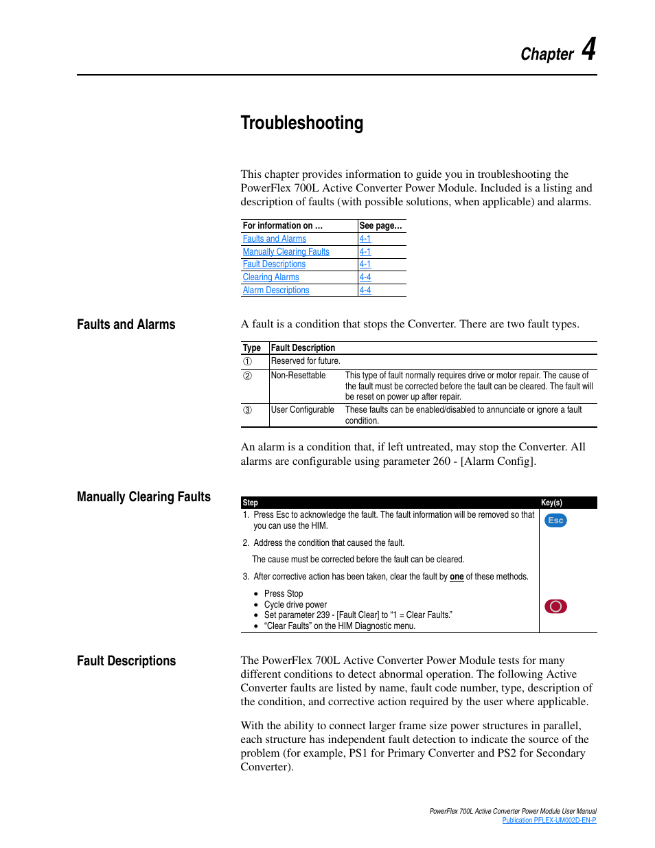 Chapter 4, Troubleshooting, Faults and alarms | Manually clearing faults, Fault descriptions | Rockwell Automation 20L, LPM20 PowerFlex 700 Active Converter Power Module User Manual | Page 61 / 72