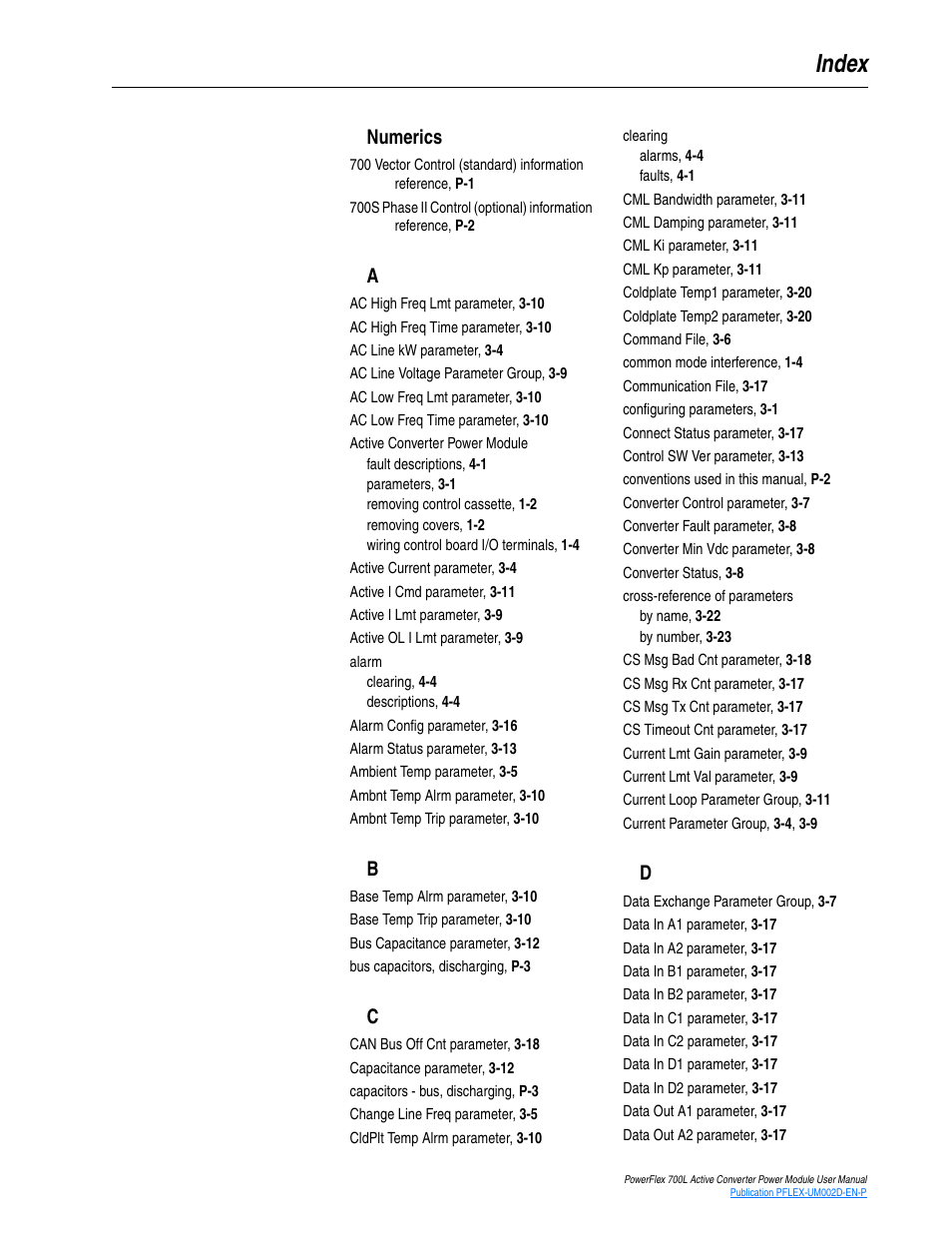 Index | Rockwell Automation 20L, LPM20 PowerFlex 700 Active Converter Power Module User Manual | Page 65 / 72