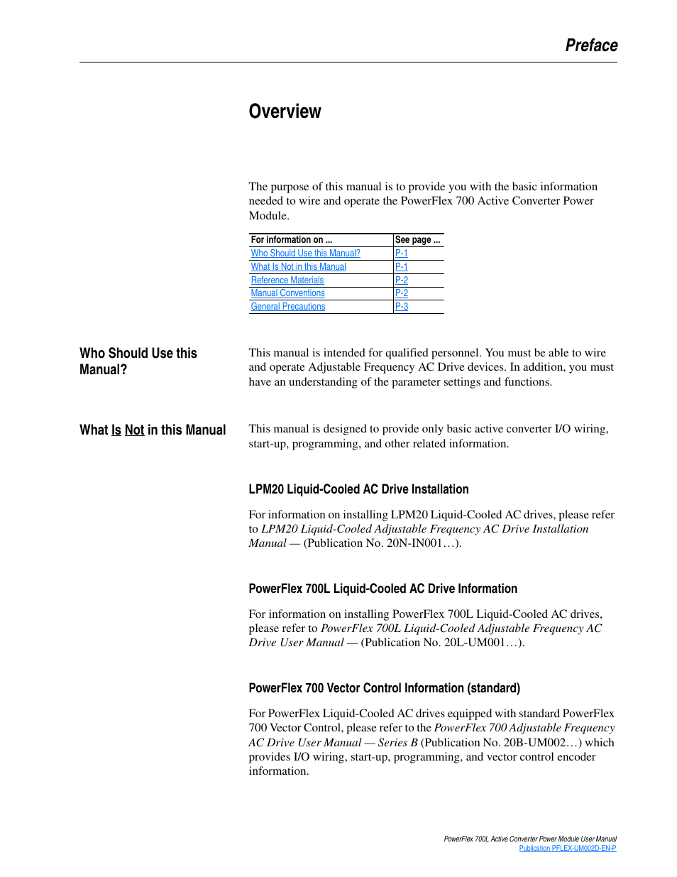 Preface, Overview, Who should use this manual | What is not in this manual, Lpm20 liquid-cooled ac drive installation, Powerflex 700l liquid-cooled ac drive information | Rockwell Automation 20L, LPM20 PowerFlex 700 Active Converter Power Module User Manual | Page 7 / 72