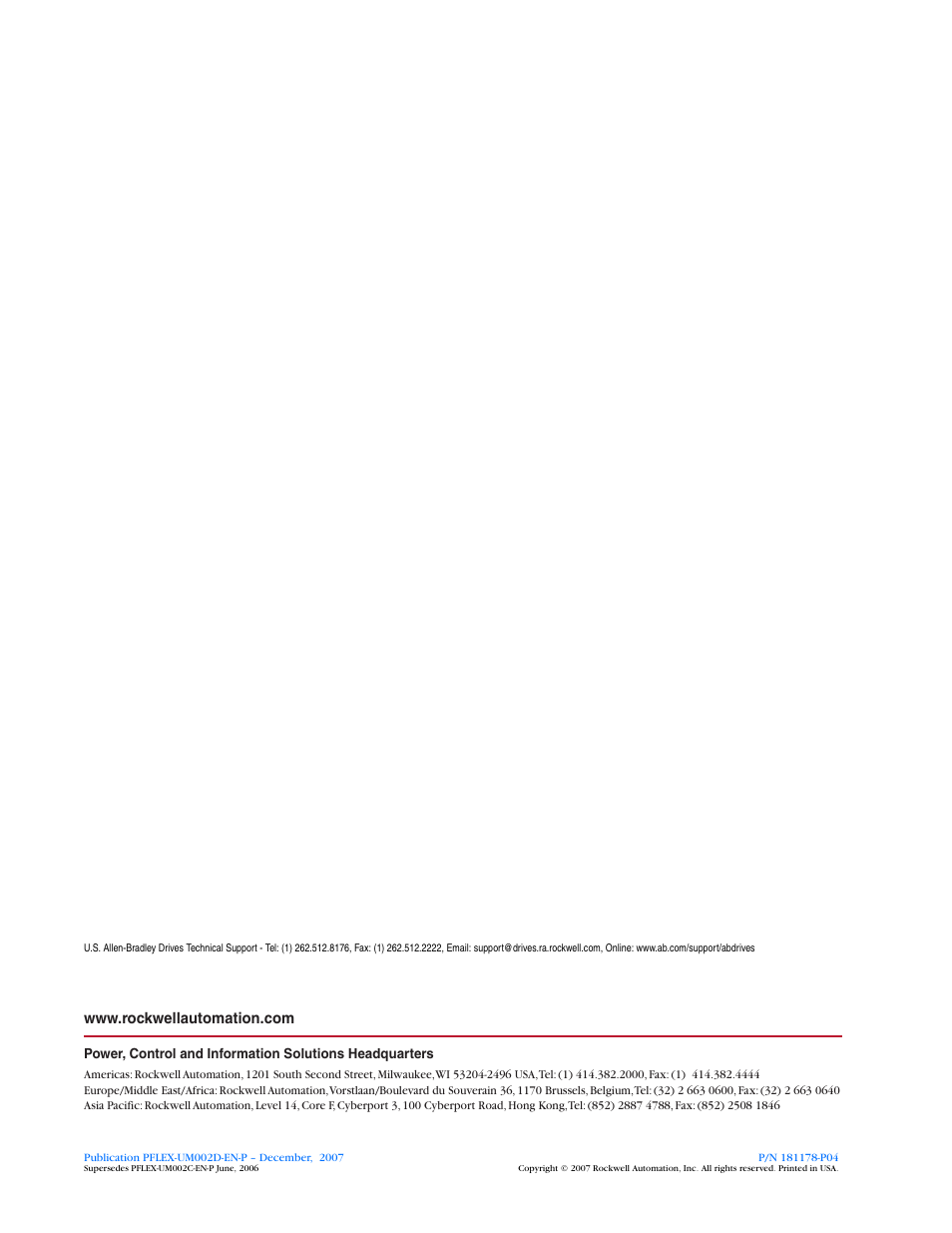 Back cover/pub no./date, Publication pflex-um002d-en-p | Rockwell Automation 20L, LPM20 PowerFlex 700 Active Converter Power Module User Manual | Page 72 / 72