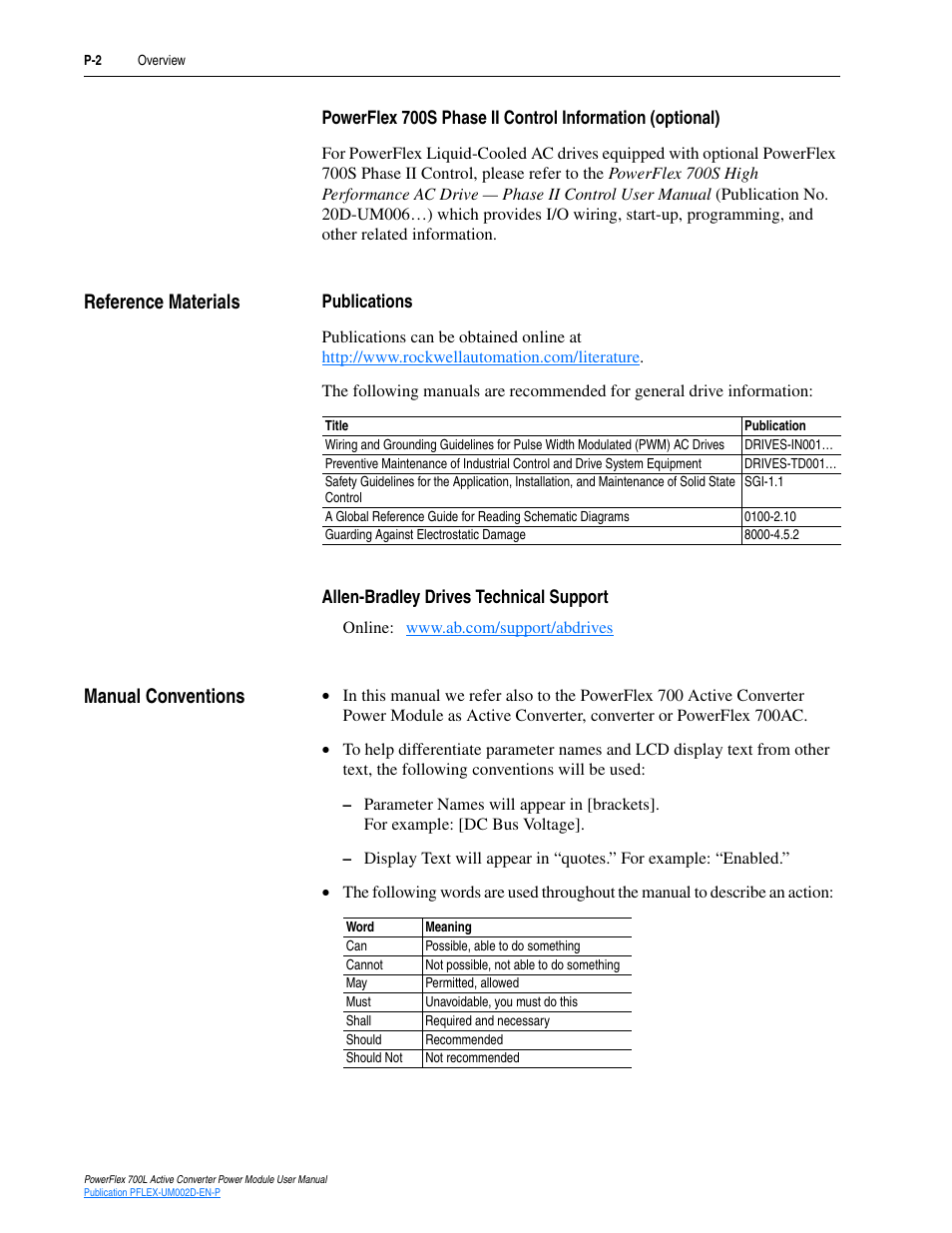 Reference materials, Publications, Allen-bradley drives technical support | Manual conventions | Rockwell Automation 20L, LPM20 PowerFlex 700 Active Converter Power Module User Manual | Page 8 / 72
