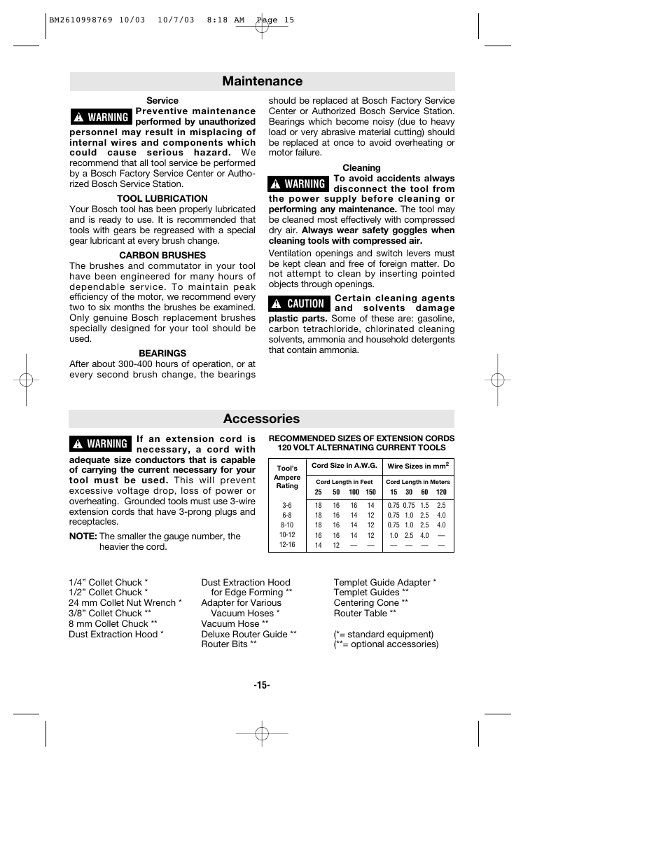 Maintenance, Accessories, Warning | Caution | Bosch 1613AEVS User Manual | Page 15 / 44