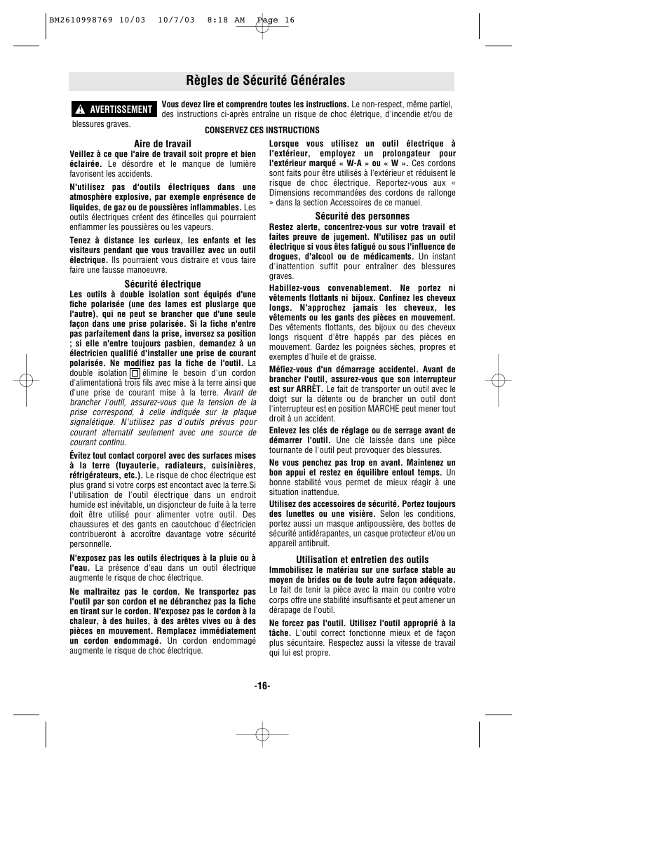 Règles de sécurité générales | Bosch 1613AEVS User Manual | Page 16 / 44