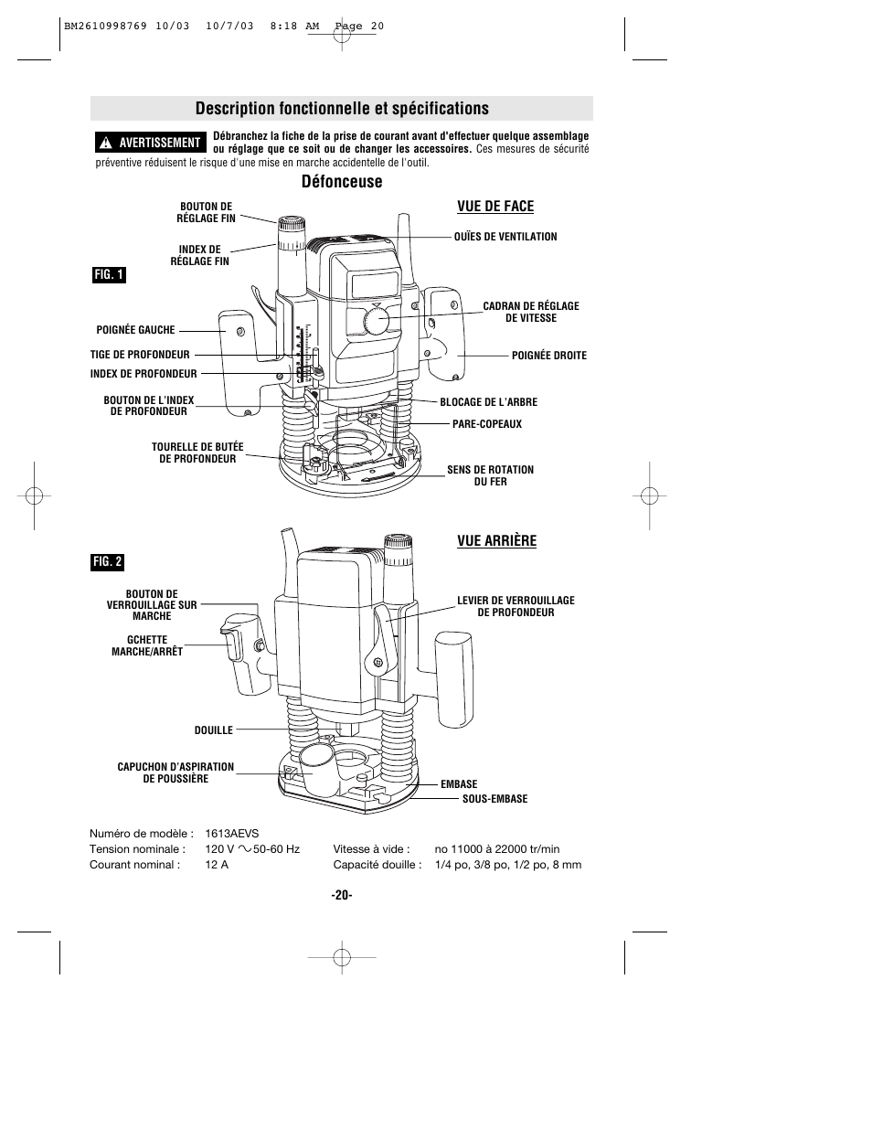 Description fonctionnelle et spécifications, Défonceuse | Bosch 1613AEVS User Manual | Page 20 / 44