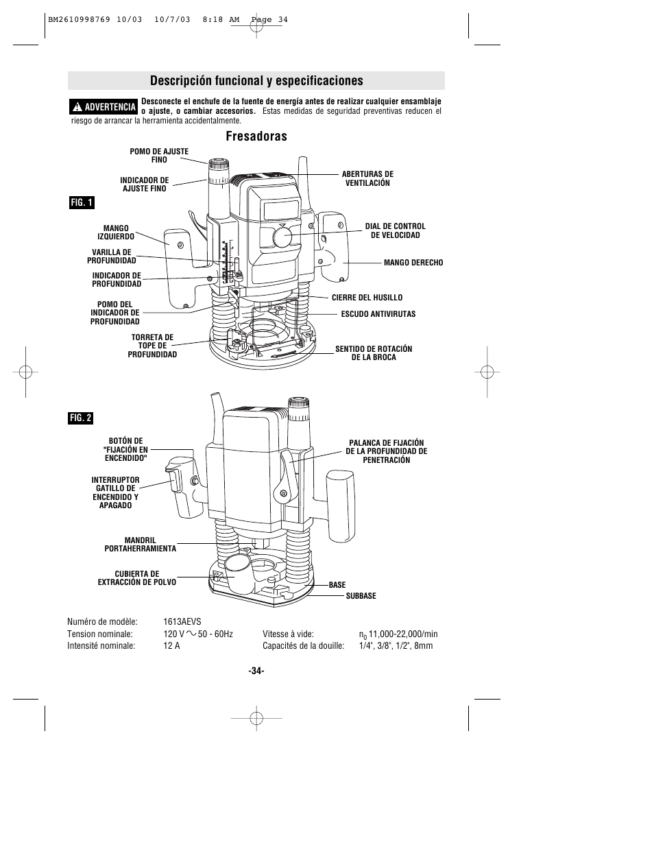 Descripción funcional y especificaciones, Fresadoras | Bosch 1613AEVS User Manual | Page 34 / 44