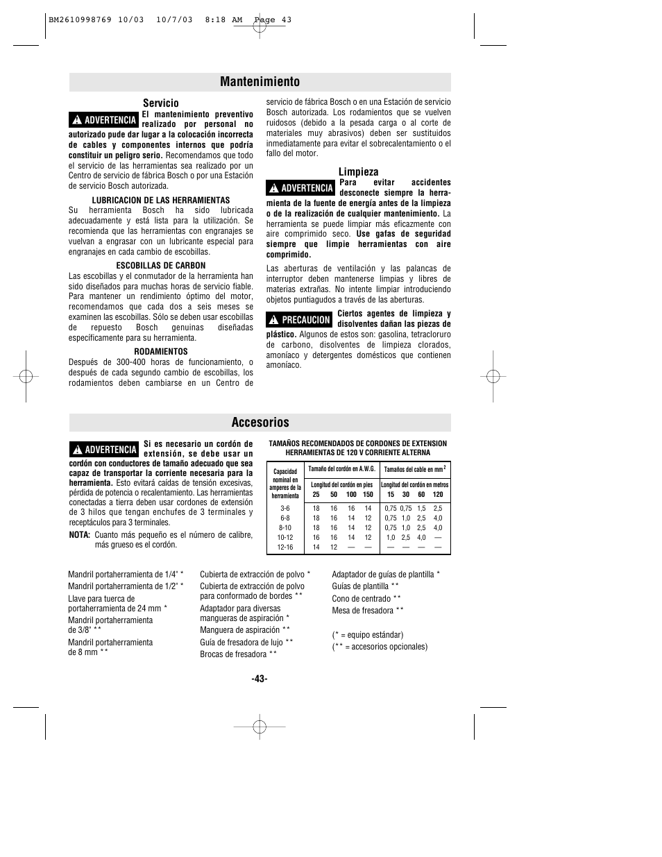 Mantenimiento, Accesorios, Servicio | Limpieza | Bosch 1613AEVS User Manual | Page 43 / 44
