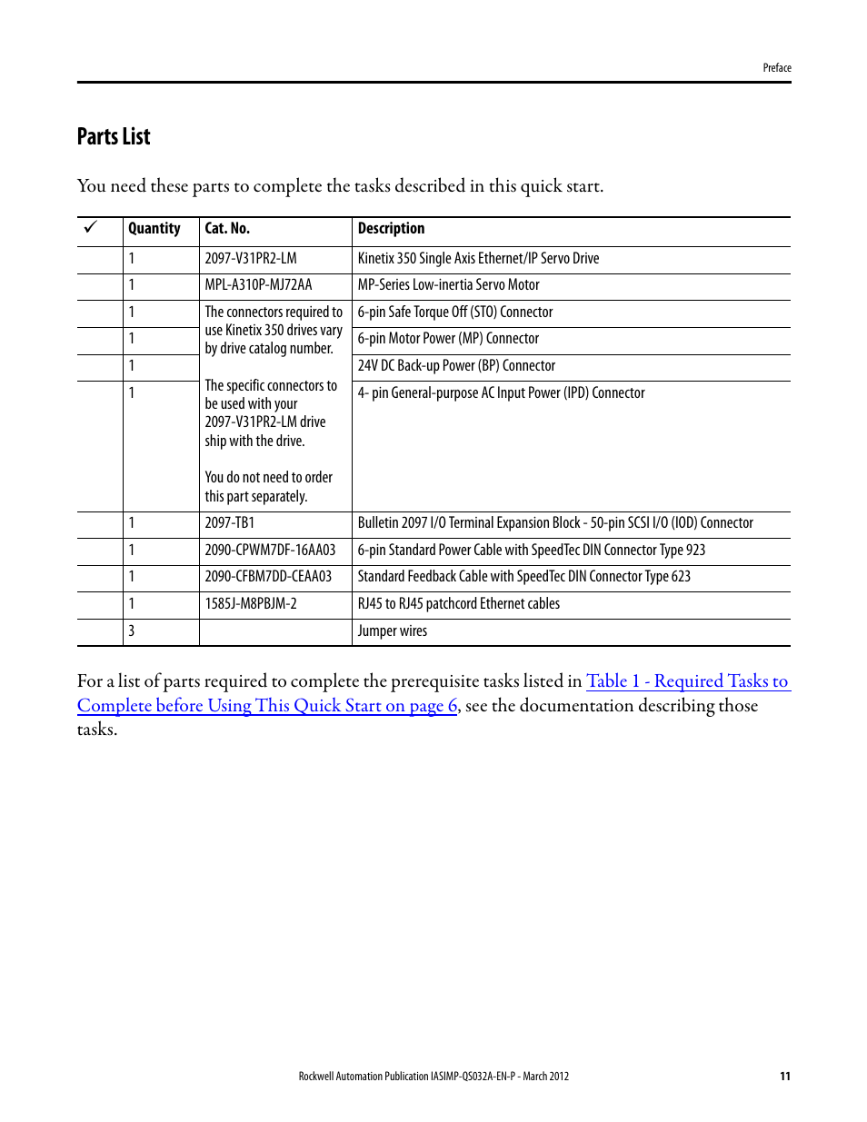Parts list | Rockwell Automation Logix5000 Control System: Connect Kinetix 350 Drives over an EtherNet/IP Network Quick Start User Manual | Page 11 / 52