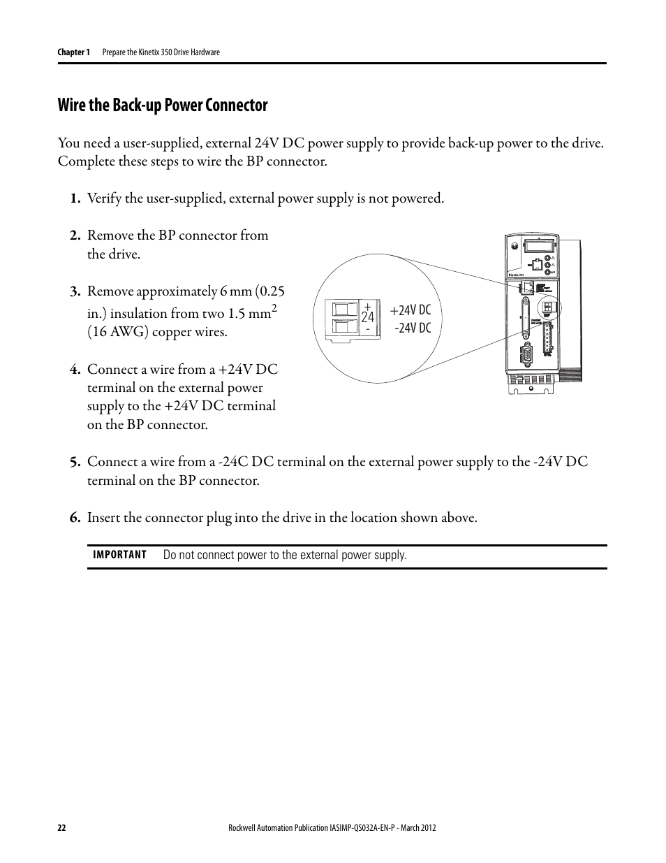 Wire the back-up power connector, Wire the back-up, Power connector | Rockwell Automation Logix5000 Control System: Connect Kinetix 350 Drives over an EtherNet/IP Network Quick Start User Manual | Page 22 / 52