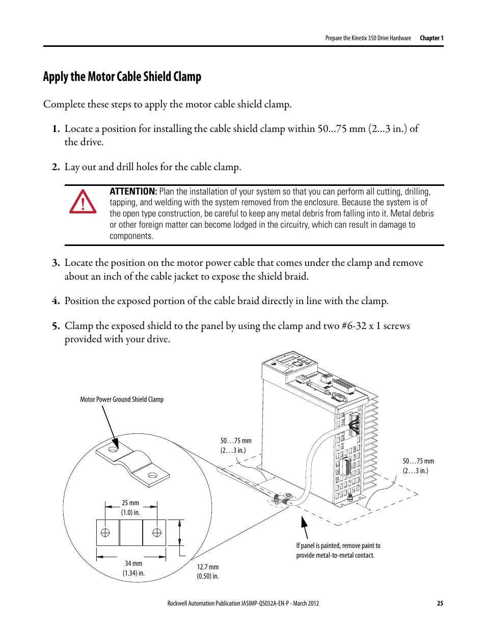 Apply the motor cable shield clamp, Apply the motor, Cable shield clamp | Rockwell Automation Logix5000 Control System: Connect Kinetix 350 Drives over an EtherNet/IP Network Quick Start User Manual | Page 25 / 52